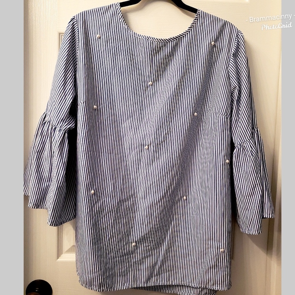 MILEAGE Blue Striped Bell Sleeve Top